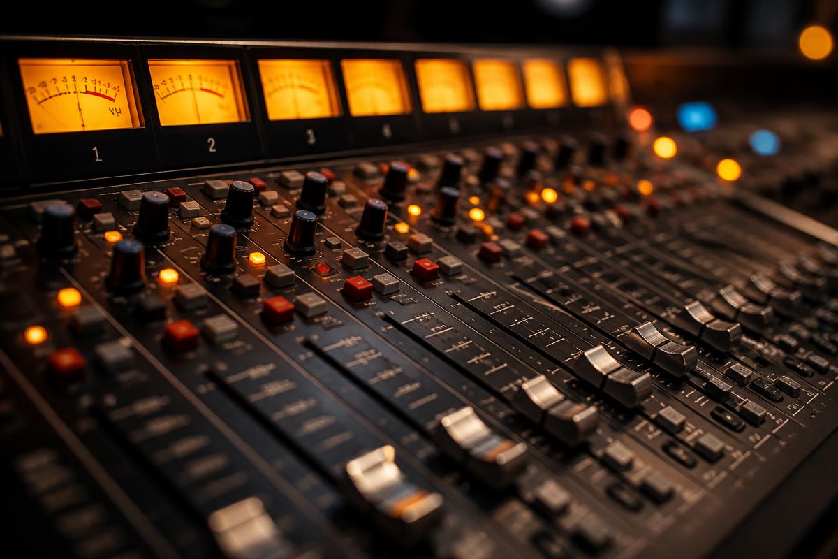 Close-up of a professional audio mixing console